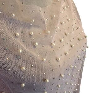 Faded Rose Pink Sheer Tulle Pearl Rhinestone Embellished Crop Top Blouse, Size L